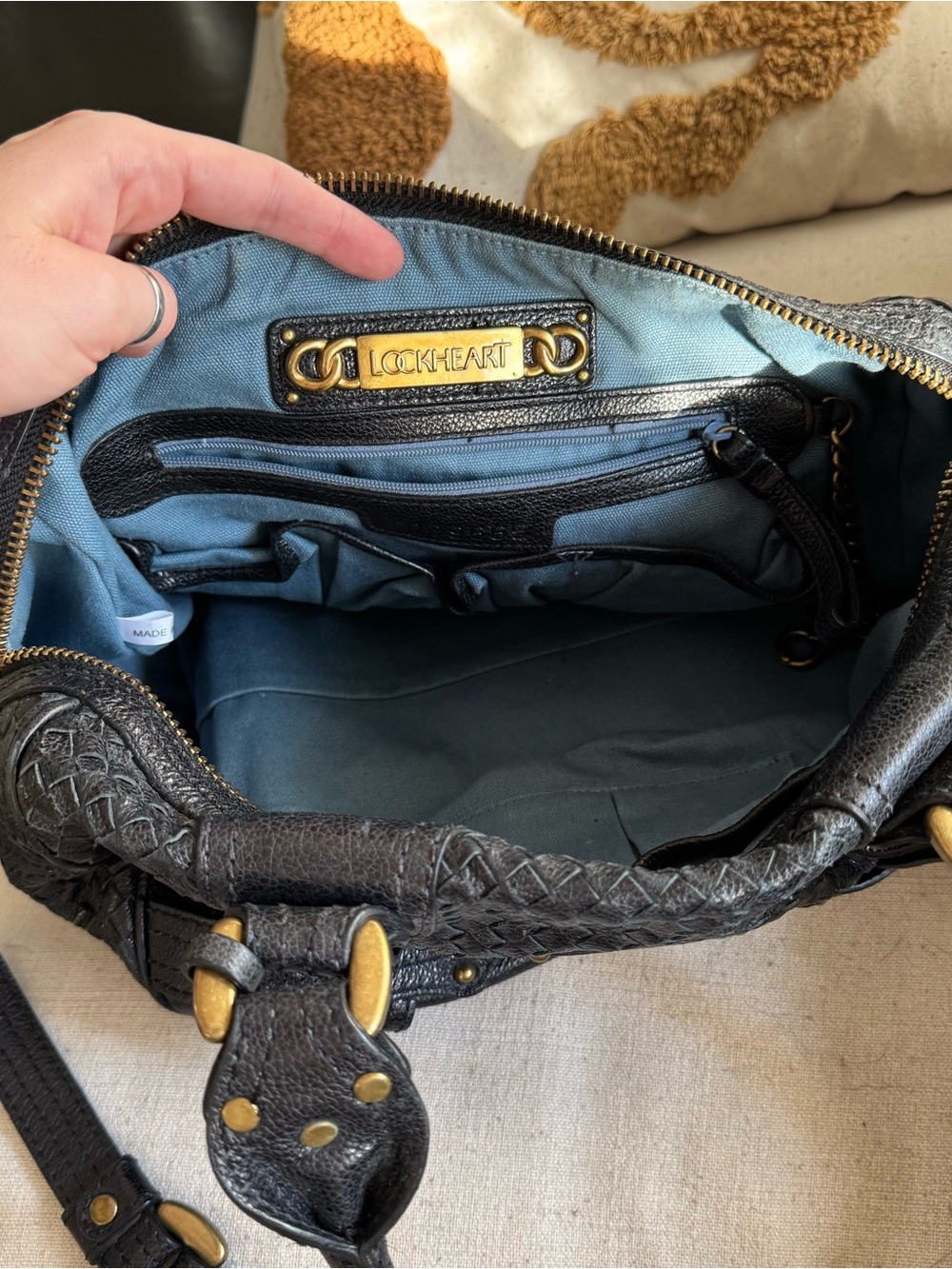 Lockheart Black Leather Braided Studded Satchel Handbag - Picture 5 of 9